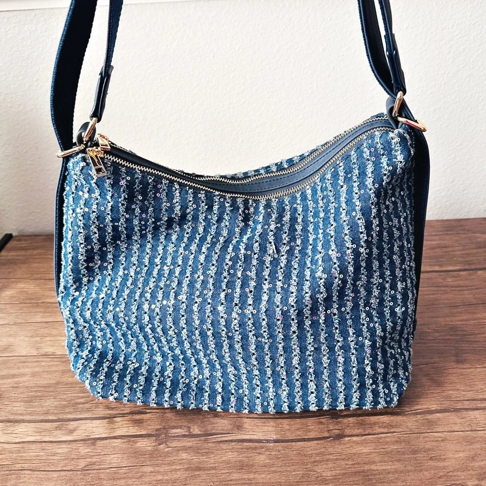Mellow World Sequin Striped Blue Denim Double Zip Pocket Hobo Shoulder Bag